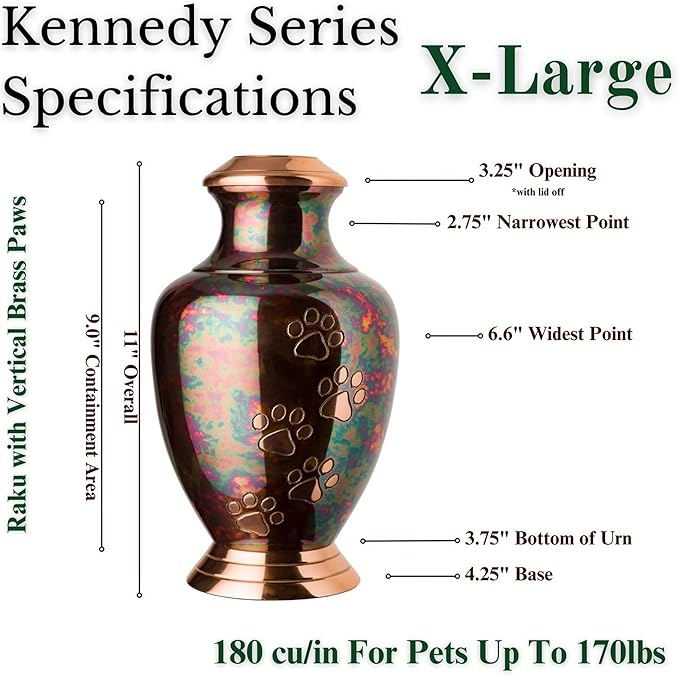 Kennedy Paws Series Pet Urn for Dogs, Handmade Brass Memorial Cremation Urn (X-Large - Pets up to 170 lbs, Raku)