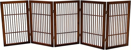 Urnporium Pet Dog Gate Freestanding, Strong Durable Folding Wooden Fence, Portable Acacia Hardwood Safety Barrier for Indoor & Outdoor Use (Brown Pet Gate, 5 Panel 30" Tall)