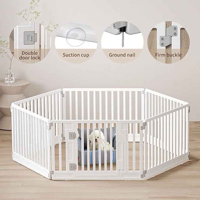 Pet Playpen Foldable Gate for Dogs Heavy Plastic Puppy Exercise Pen with Door Portable Indoor Outdoor Small Pets Fence Puppies Folding Cage 6 Panels Medium Animals House Supplies (PPW-WHITE06, White)