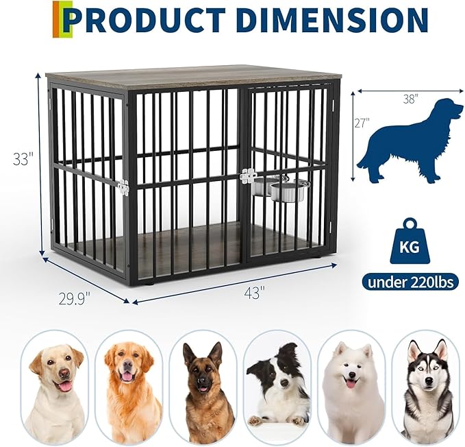 43" Dog Crate Furniture, Wooden Dog Crates with Double Doors and Lockable Kennel, Heavy Duty Indoor Pet House Side End Table for Medium and Large Dogs