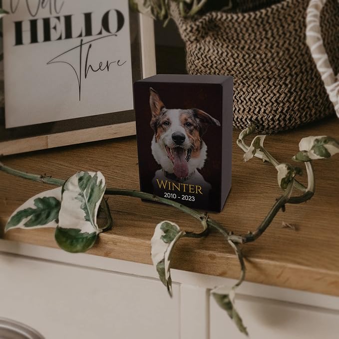 Custom Pet Keepsake Urns for Dogs, Wooden Box for Pet Ashes with Photo for Your Beloved Pets, Pet Cremation Urns as Sympathy Gifts for Pet Lovers - Small, 6" x 4" x 2.75" (Design 6)