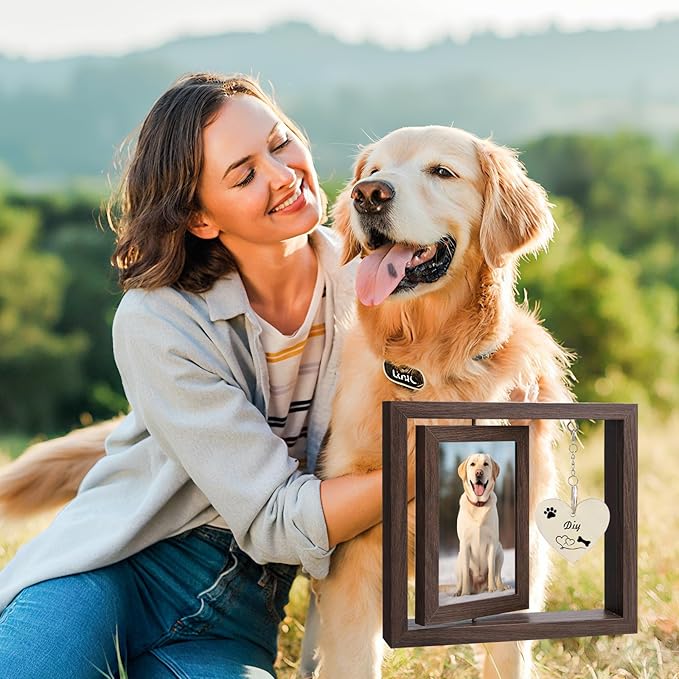 Pet Memorial Gift - Rotating Wooden Picture Frame for Dog or Cat, Heart Pendant & Holds Two 4x6 Photos, Sympathy Remembrance in Memory of Pet for Family Friend