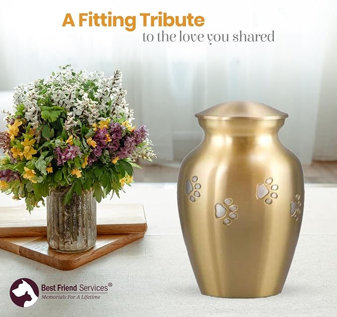 Ottillie Paws Legacy Series Pet Urn for Dogs, Handmade Brass Memorial Cremation Urn (Large - Pets up to 115 lbs, Brass, Horizontal Pewter Paws)