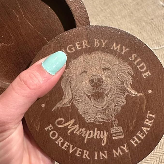 Personalized Pet Hair Keepsake Box for Dog and Cat Fur - Engraved Wood Memorial Box - Unique Customized Gift for Loss of Furry Friend Wooden (Dark Round Wood/Acrylic Lid, With Photo)