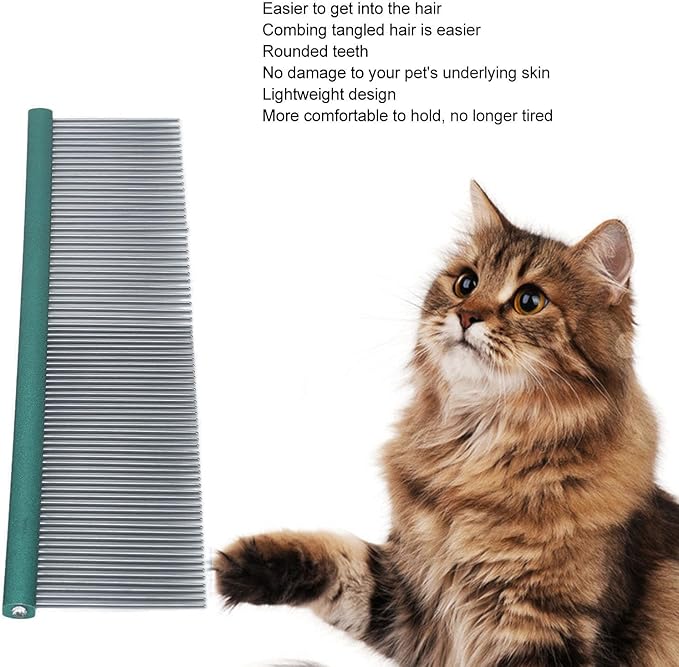 Pet Steel Comb Dogs and Cats, Professional Dog Grooming Comb For Shedding Tangles Knots, Pet Dematting Comb with Rounded Teeth and Non Slip Grip Handle for Long Haired Breeds(Green 13cm/5.1in)