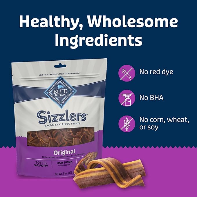 Blue Buffalo Sizzlers Natural Soft Dog Treats, Bacon-Style Soft-Moist Dog Treats with Real USA Pork, Original Flavor, 6-oz Bag