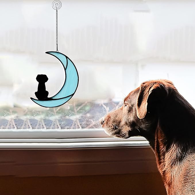 BOXCASA Loss of Dog Sympathy Gift,Stained Glass Dog on Moon Suncatcher Gifts,Black Dog Memorial Gifts for Pet Loss Gifts,Pet Sympathy Gifts for Dog Lovers