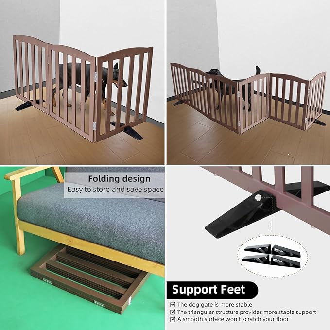 ZJSF Foldable Freestanding Indoor Dog Gate for House Wood Long Pet Gates Dog Fence for Stairs Puppy Gates for Hallways, Puppy Gate,Support Feet Included, Brown, 24 "Height-3 Panels