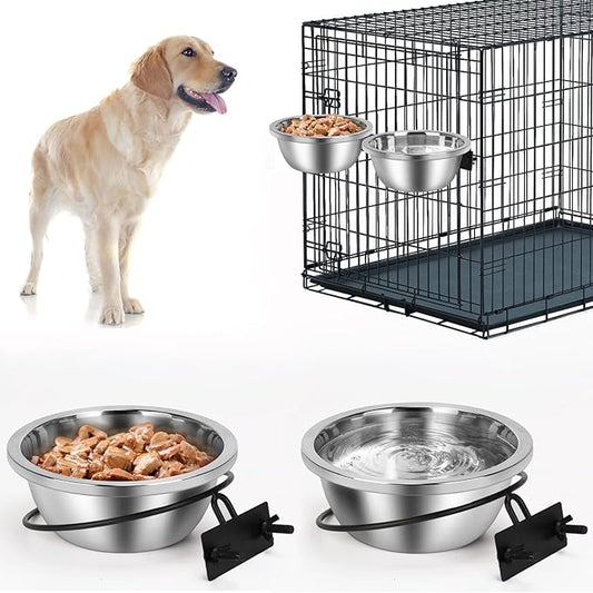 Crate Bowls for Large Dogs, ShineMe Heavy Duty Hanging Dog Bowls for Kennel Cage Crates, No Spill Stainless Steel Dog Crate Water Bowl or Large and Medium Dogs, 56oz, Set of 2