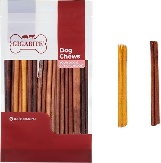 GigaBite Bully Sticks for Dogs All Natural Beef Pizzle Dog Chews, Odor & Rawhide Free Dog Treats, Long Lasting High Protein Chews Digestible Dental Dog Treat - Sticks (Regular 6"), Pack of 10