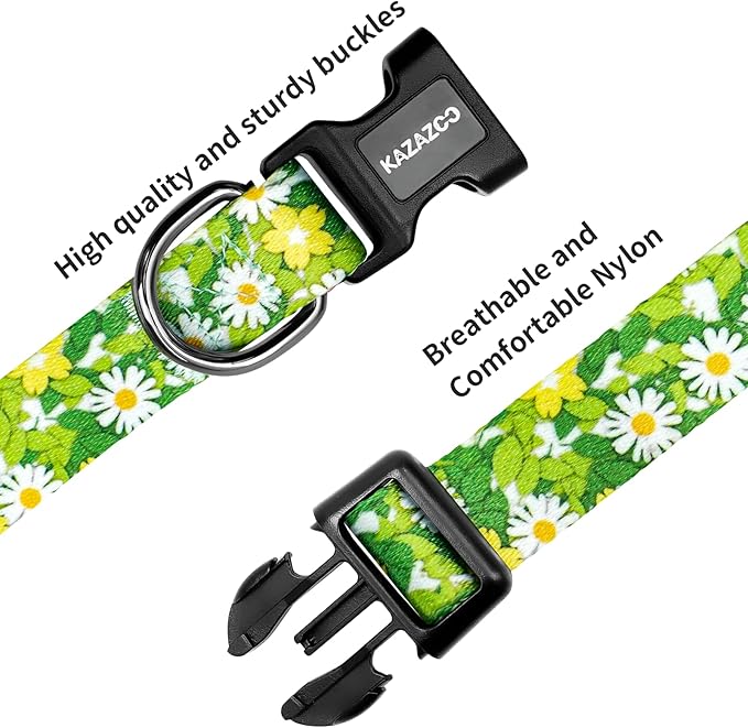 Kazazoo Dog Collar Cute and Soft Nylon Puppy Collar for Boy and Girl, Adjustable Dog Collars for Medium Large Dogs, Green Daisy-L
