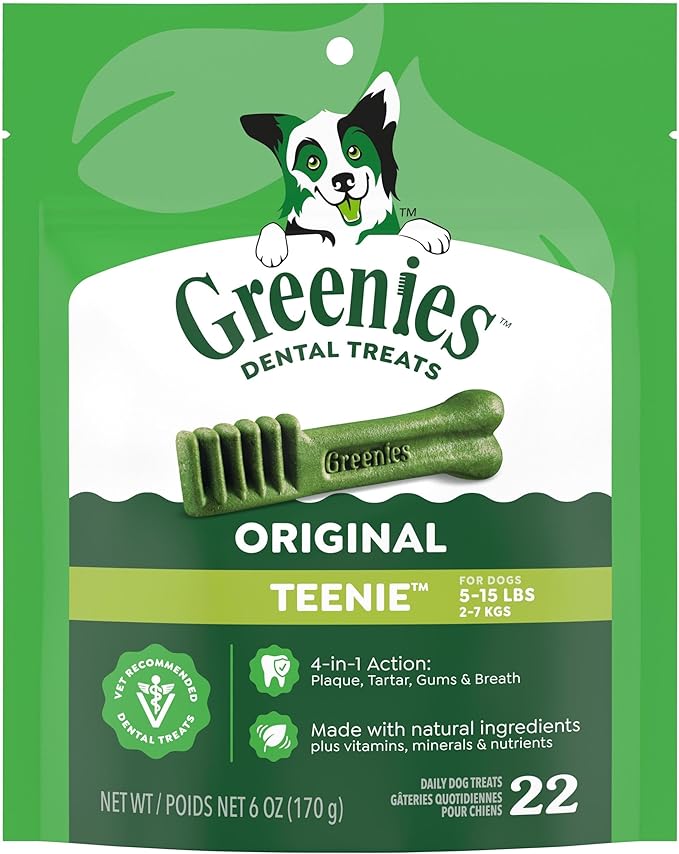 Greenies Veterinarian-Recommended Adult Natural Dental Dog Treats Teenie Size, Dog Dental Chews, Original Flavor, 6 oz. Pack, 22 Count