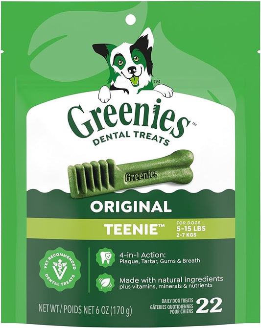 Greenies Veterinarian-Recommended Adult Natural Dental Dog Treats Teenie Size, Dog Dental Chews, Original Flavor, 6 oz. Pack, 22 Count