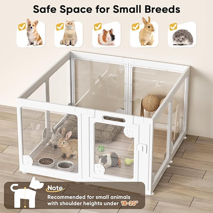 Clear Acrylic Dog Play Pen Indoors, Transparent Puppy Playpen with Door for Small Dogs Puppies, Modular Plastic Pet Playpen Cage Fence Crate for Cat Kitten Rabbit (White, 24 Inch Tall - 2 Panels)