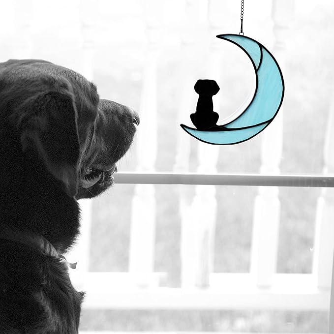 BOXCASA Loss of Dog Sympathy Gift,Stained Glass Dog on Moon Suncatcher Gifts,Black Dog Memorial Gifts for Pet Loss Gifts,Pet Sympathy Gifts for Dog Lovers