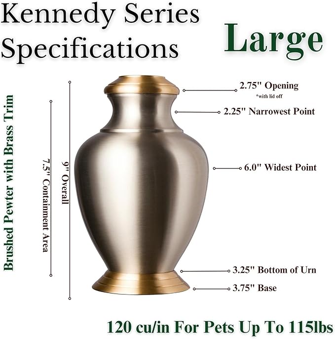 Kennedy Legacy Series Large Pet Cremation Urn, Handcrafted with Brass Lid & Base, Brushed Pewter Finish, , this Cat & Dog Ash Urn is Suitable for Pets up to 120lbs