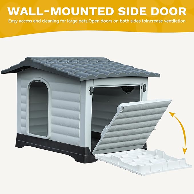 DWVO 43.7'' 2-Door Dog House with Elevated Base & Cushion, Plastic Pet House for Small, Medium, and Large Dogs, Easy Assembly, Water-Resistant for Indoor/Outdoor Use (43.7''L x 33''W x 31.6''H)