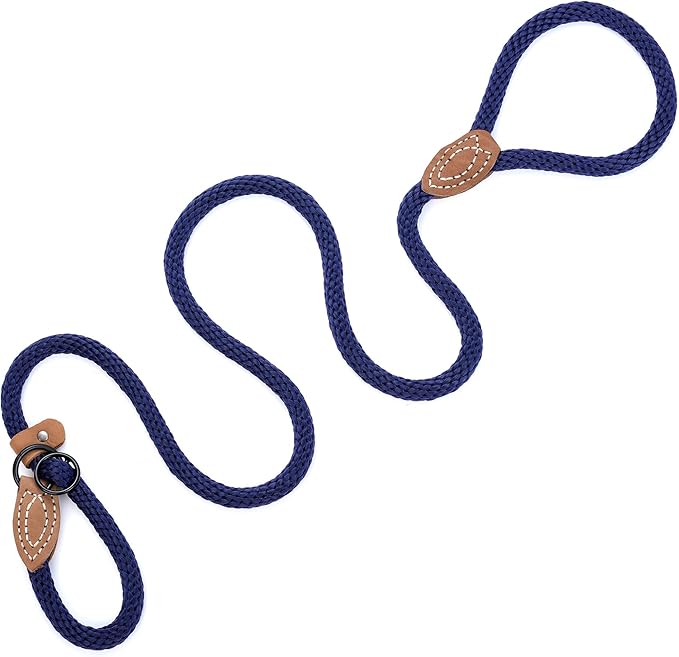 Mile High Life Slip Leads for Dogs | Heavy Duty Dog Training Leash | 5 Feet No Pull Slip Leashes w Leather Tip | Navy Rope Lead for Dogs Outside