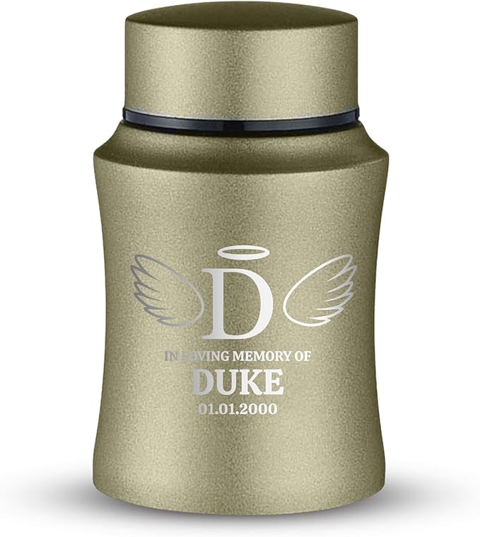 Customized Small Keepsake Urn Personalized Engraved with Pet Name, Date, and Dog Design - 4" Powder Coated Cremation Mini Compact Urn for Dogs Ashes | 5–10 Lbs Capacity | Washed Gold, Wings and Halo