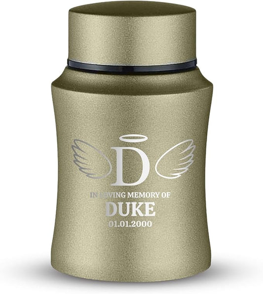 Customized Small Keepsake Urn Personalized Engraved with Pet Name, Date, and Dog Design - 4" Powder Coated Cremation Mini Compact Urn for Dogs Ashes | 5–10 Lbs Capacity | Washed Gold, Wings and Halo