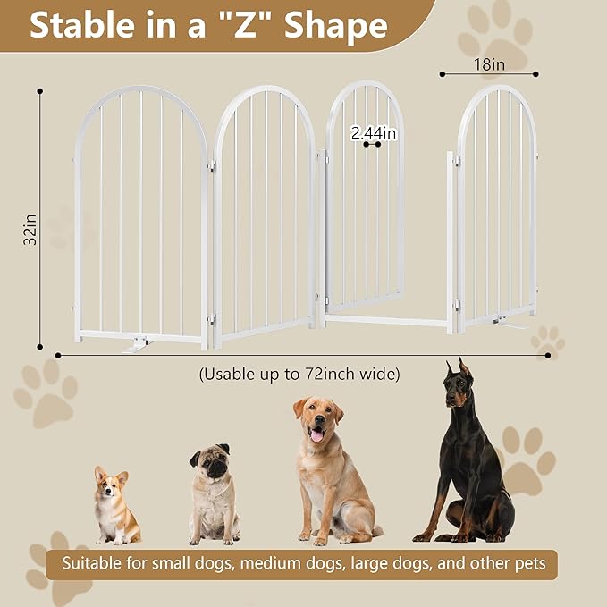 Full Metal Dog Gate with Door for Indoor Outdoor, 32" Tall Free Standing Pet Dog Fence, 72" Extra Wide Pet Gates for Stairs, Hallways, Doorways, Kitchen, Decks, Yards (White, 4 Panels)