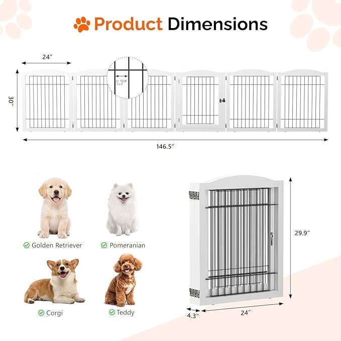 VINGLI Freestanding Dog Gate with Door, Pet Gate with Walk Through Door, Foldable Pet Safety Fence for Stairs Doorways Fireplace (30" H - 6 Panels)