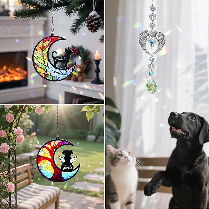 Dog Memorial Gifts - Dog Memorial Suncatcher Set with Acrylic & Crystal Suncatchers, Pet Loss Sympathy Gift (Heart)