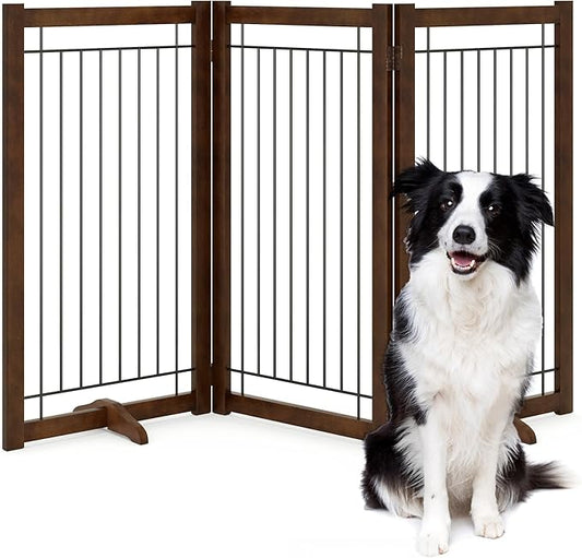 Wire Dog Gate Solid Wood Frame, Anti-Chewing, 3-Panel, 36" Height, 60" Width, Indoor Freestanding Pet Gate Foldable Wooden Dog Fences for Stairs, House, Doorway, Walnut Color