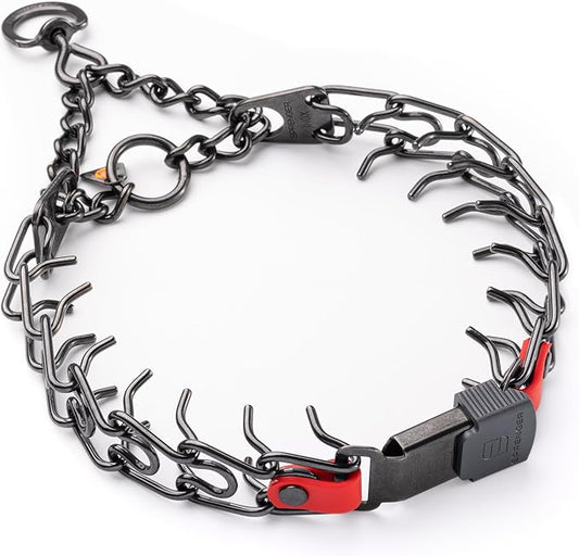 Herm Sprenger Black Stainless Steel Dog Collar with Short Links and Quick Release ClicLock Buckle and Biothane Insert Made in Germany 20in x 3.0mm (Neck Size up to 16-17in) (Cherry Red)