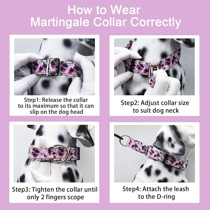 Reflective Martingale Collar for Dogs Nylon Training Collar with No Buckle Cute Floral No Pull Dog Collar for Small Dogs（Purple Flower，S）