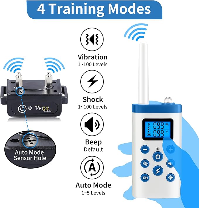 PetJoy Shock Collar for Large Dog, Bark Collar with Remote, Bark and Training Collar 2 in 1, Bark Collar with Shock (Level 1-100), Vibration (Level 1-100) and Beep