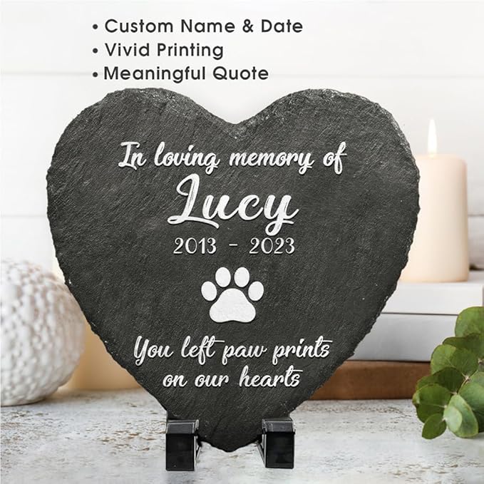 Heart Shaped Pet Memorial Stone for Dog or Cat - You Left Paw Prints on Our Hearts - Dog Heaven - Angel Wings Paw - Dog Loss Sympathy Gift
