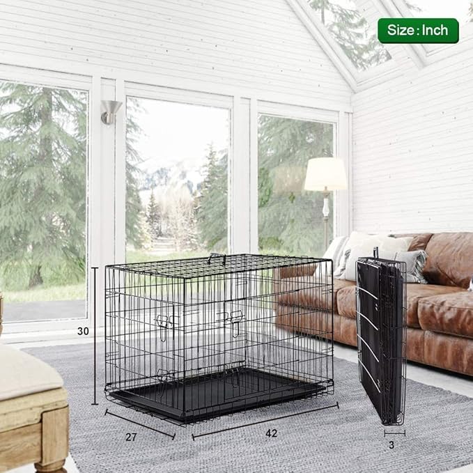 HGS 42-Inch Dog Crate Dog Cage Metal Wire Dog Kennel Large Dog Cage Folding Puppy Crate Outdoor Indoor Animal Pet Cage with Handle and Plastic Tray, 2 Doors (with Safety Lock), Black