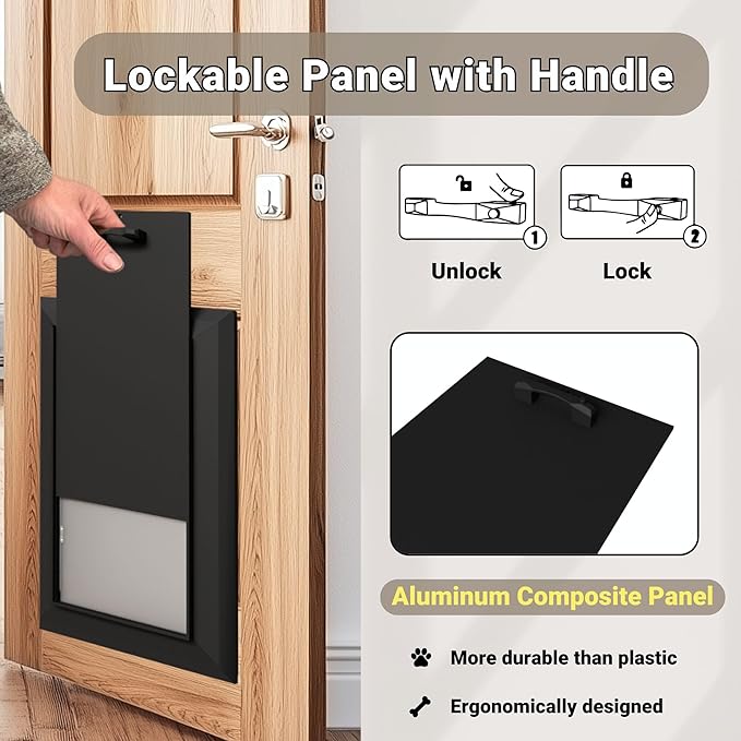 Large Dog Door for Exterior Doors, Cutout Size 12.2''W x 18''H, Heavy Duty Double Flap for Extreme Weather, Energy-Efficient, Easy to Assemble, Lockable Panel Included, Black (L)