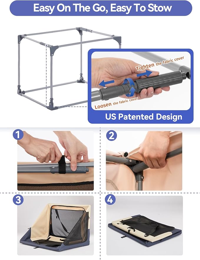 36" Collapsible Dog Crate for Large Dogs - Portable Soft Travel Kennel with Lockable Zippers, Waterproof Base, Washable Cover, Patented Screw Frame for Adjustable Tension, Outdoor, Indoor, Car Use