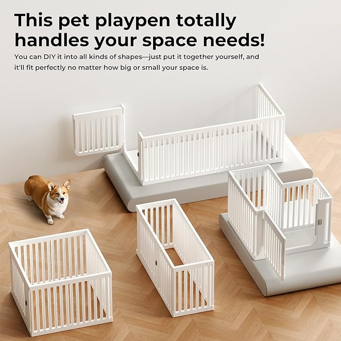 23.6" H Plastic Pet Playpen with Lockable Wide Door, 7 Panels Expandable Pet Fence with Portable Indoor/Outdoor, Easy Setup & Clean for Pets up to 22lbs or Baby (White)