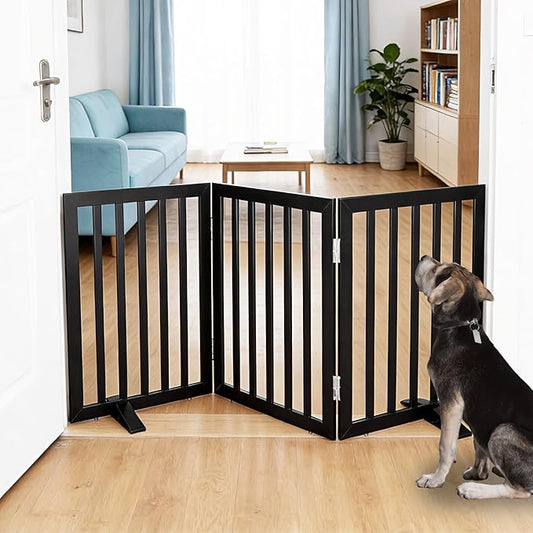 Dog Gate Indoor, Freestanding Dog Fence for The House, Doorways, Hallways,or Stairs,Pet Gate Foldable Wooden,Expandable 24" Height 3 Panels,Black
