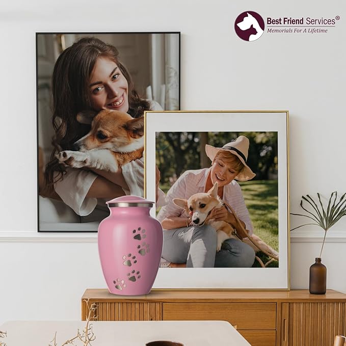 Ottillie Paws Legacy Series Pet Urn for Dogs, Handmade Aluminum Memorial Cremation Urn (Medium - Pets up to 65 lbs, Ardent Pink, Vertical Pewter Paws)