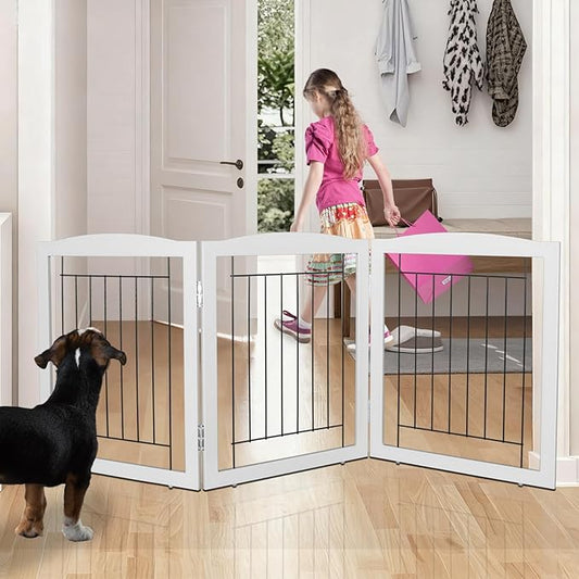 ZJSF Freestanding Foldable Dog Gate for House Extra Wide Wooden Grey Puppy Gate Stairs Dog Gates Doorways Tall Pet Gate 24" Height 3 Panels Pet Fence