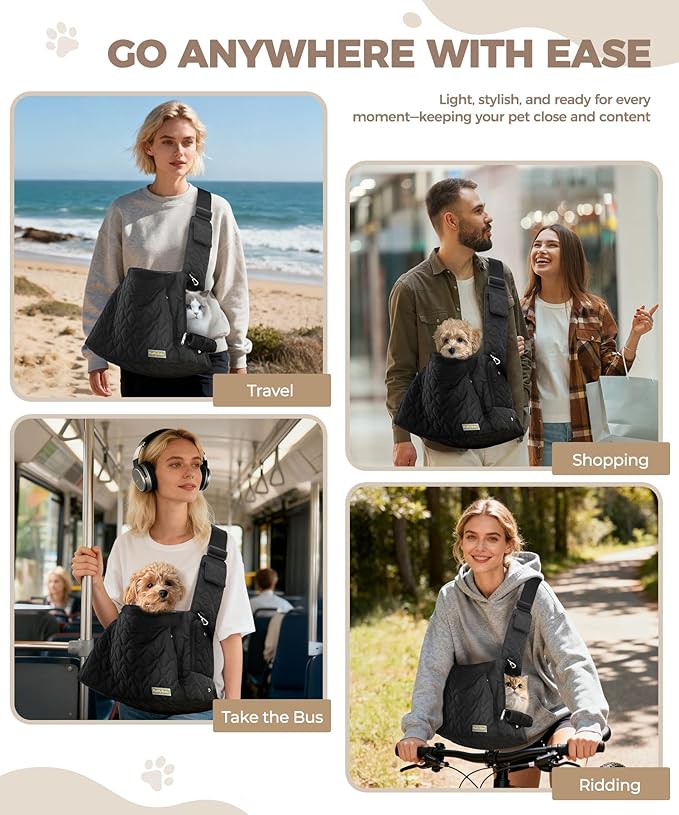 Dog Carrier Sling for Small Dogs, Front Cat Sling & Cats Up to 15 lbs, Dog Purse with Adjustable Strap Front Zipper Pocket, Double Safety Feature, Hands Free for Travel