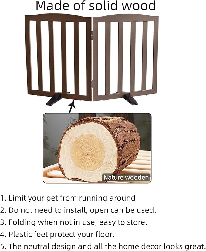 Freestanding Dog Gate Indoor,Doggie Gate Foldable Pet Gates for Doorways,Stairs or Hallways, Wooden Brown Pet Gate for the House, Pet Fence with Support Feet Included,32 "Height-2 Panels