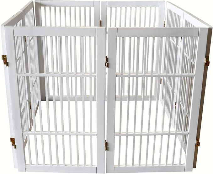 Urnporium Pet Dog Gate Freestanding, Strong Durable Folding Wooden Fence, Portable Acacia Hardwood Safety Barrier for Indoor & Outdoor Use (White Pet Gate, 8 Panel 30" Tall)