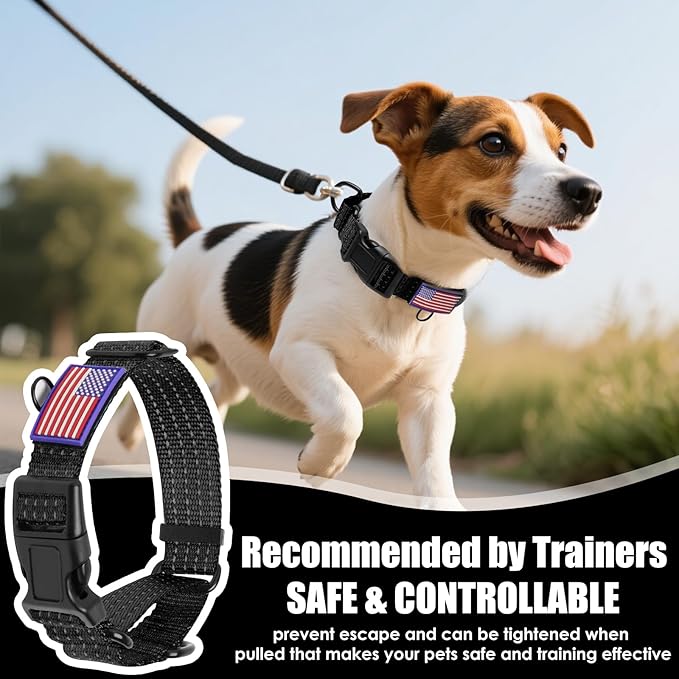 Martingale Dog Collar, Reflective No Pull Training Collar with Quick Release Buckle & USA Flag, Heavy-Duty Nylon, Adjustable for Small Medium Large Dogs (M,Black with Flag