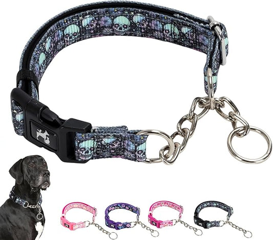 Martingale Collar - Reflective Nylon with Padded Comfort & Quick Release Buckle - Skull Design, No Slip Choke Heavy Duty Collar for Safe Training, Walking & Nighttime Use L