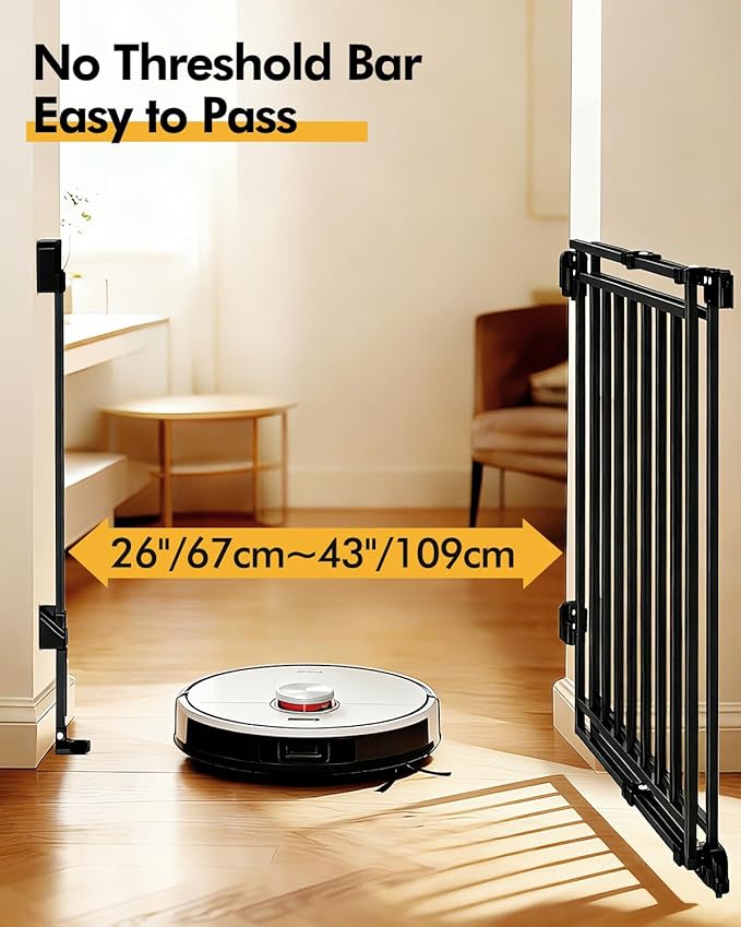 Baby Gate for Stairs, Doorways & Kitchen | 26-43" W, 29" H Extra Tall | No Bottom Bar | Hardware Mount (Drill Required) | Auto-Close & One-Handed | Walk-Thru Safety Gate for Dogs & Toddlers | Black