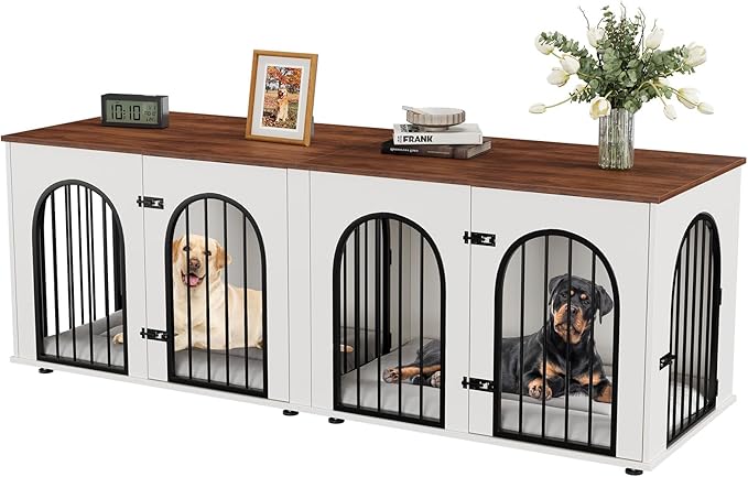 71" Large Dog Crate Furniture for 2 Dogs, Wooden Double Dog Crate, Indoor Dog Kennel TV Stand with Divider and Cushion for Large Medium Dogs, White/Brown