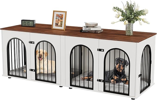 71" Large Dog Crate Furniture for 2 Dogs, Wooden Double Dog Crate, Indoor Dog Kennel TV Stand with Divider and Cushion for Large Medium Dogs, White/Brown