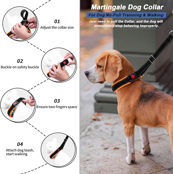 Martingale No Pull Dog Collar - Heavy Duty Nylon With Buckle, Adjustable Anti Pull Reflective Slip Collar for Large Medium Small Dog Training Walking S Orange