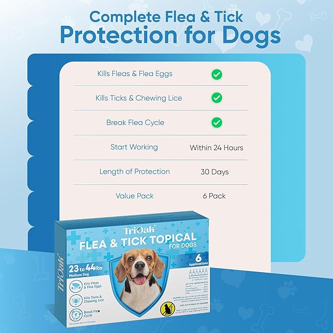 Flea and Tick Prevention for Dogs, 6 Doses Dog Flea Treatment for Medium Dogs 23–44 lbs, Fast Acting, Long Lasting Protection, Flea and Tick Control for Home and Outdoor Use, 6 Month Drops
