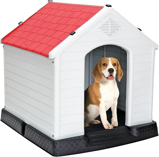 Large Plastic Dog House Indoor Outdoor Doghouse Dog Kennel Easy to Assemble Puppy Shelter with Air Vents Elevated Floor Waterproof Red